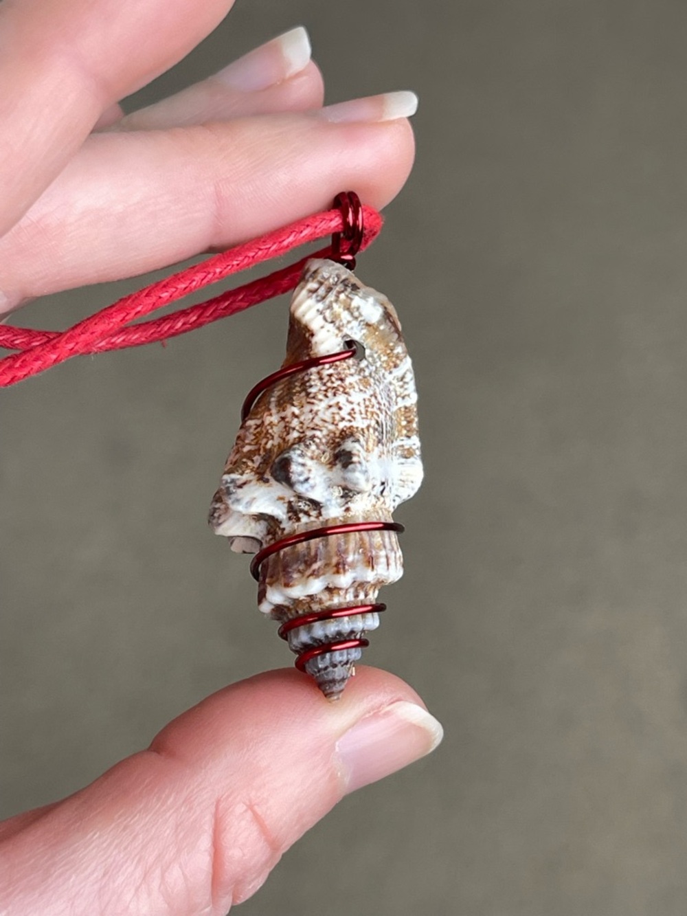 Handmade Red Wire Wrapped Seashell Necklace on Red Cotton Cord
